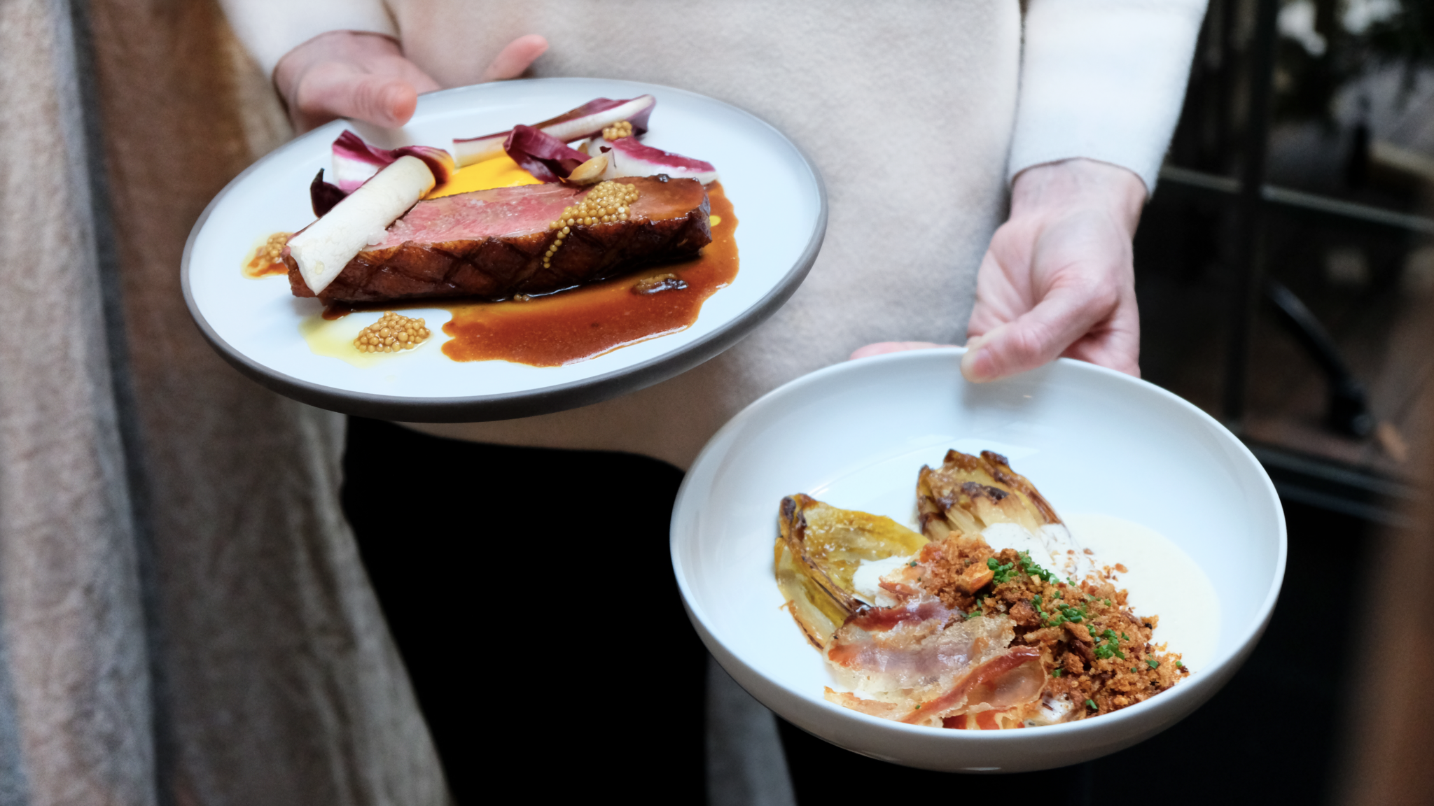 Cannette et asperges de pleine terre, guanciale, pangrattato