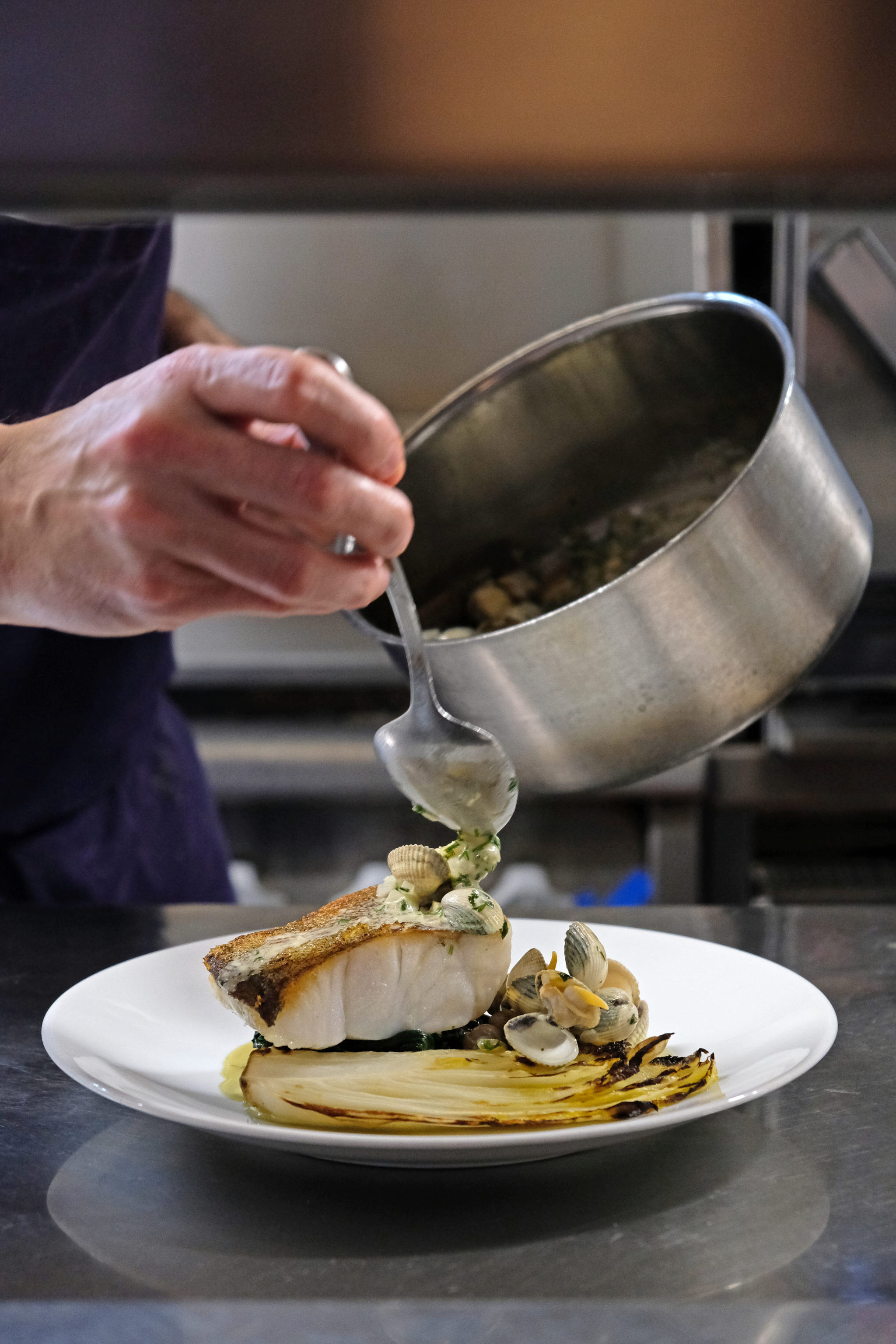 Poisson du jour, beurre aux coques, endives de pleine terre